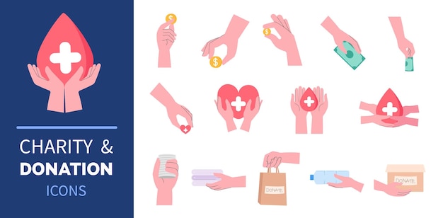 Vector hand donation icons set charity giving helping and support symbols for fundraising campaigns