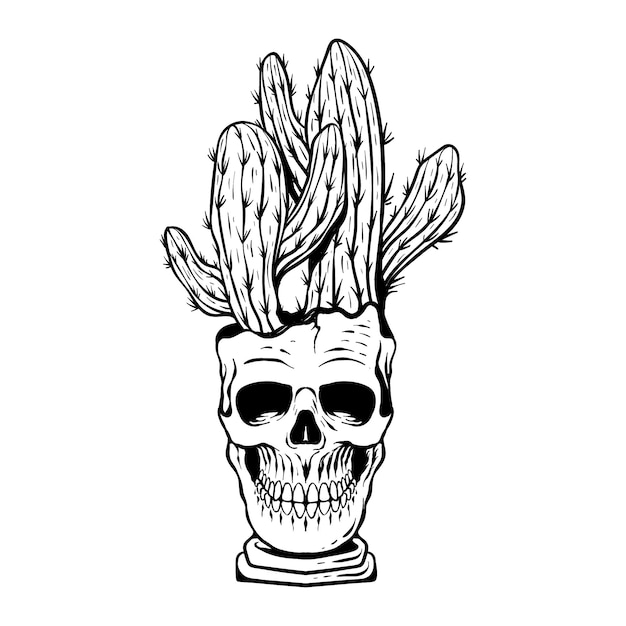 hand draw artwork illustration and t shirt design skull cactus engraving ornament black and white