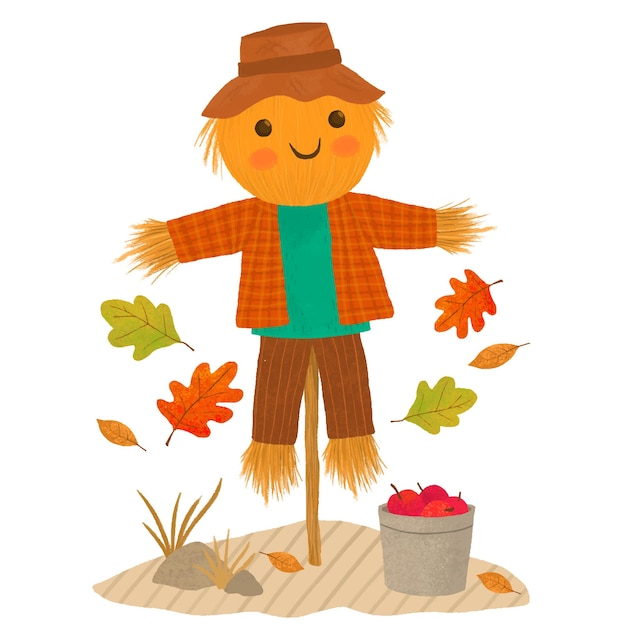 Hand draw autumn harvesting with cute scarecrow and apples