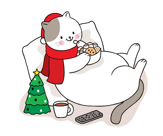 Hand draw cartoon cute Merry Christmas, Cat eating sweet candy 