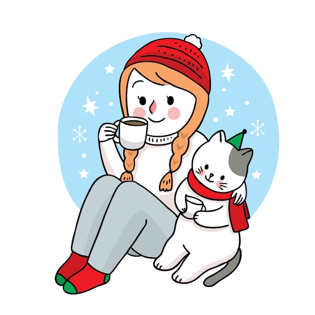 Hand draw cartoon cute Merry Christmas, Woman and cat drink coffee cup 