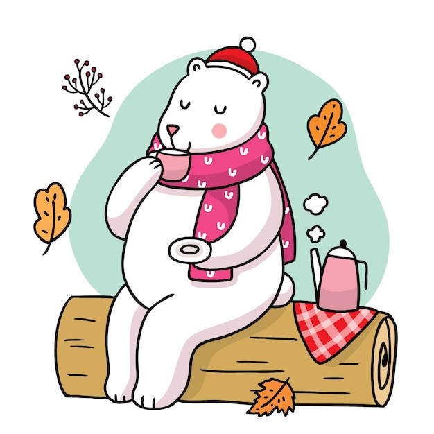 Hand draw cartoon cute polar bear drink tea in the forest .