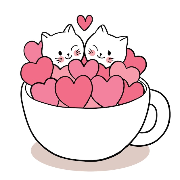 Hand draw cartoon cute for Valentine day with Couple cats and many hearts in cup coffee