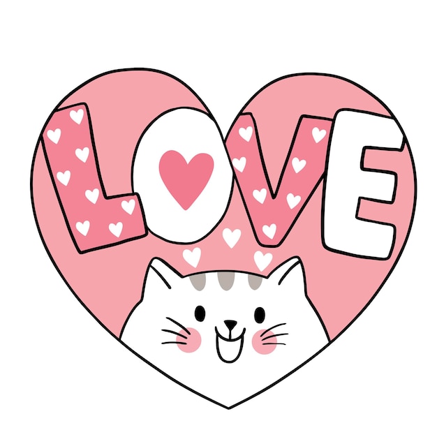 Hand draw cartoon cute valentine's day, cat andlove in heart frame