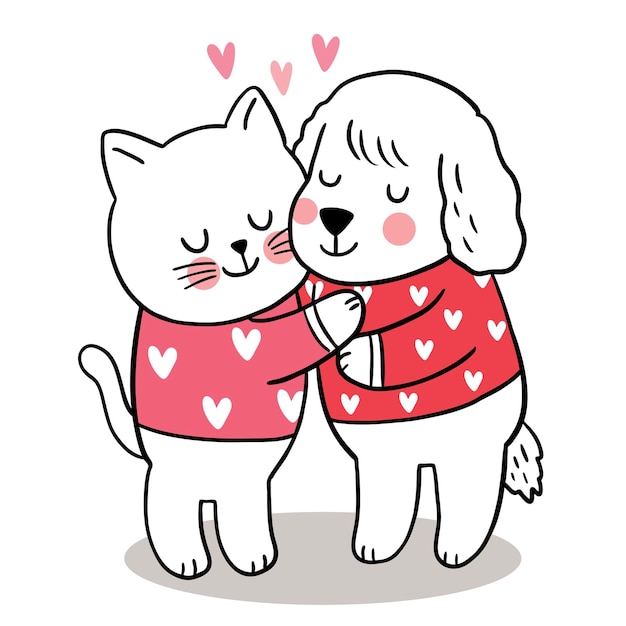 Hand draw cartoon cute valentine's day, Cat hugging dog