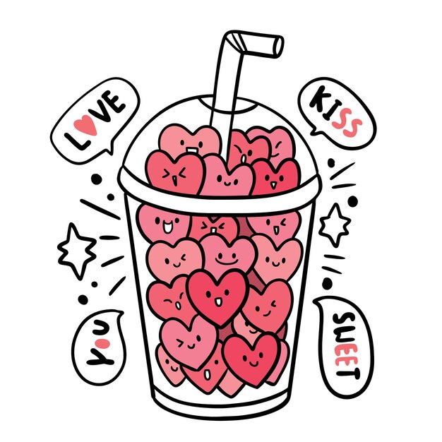 Vector hand draw cartoon cute valentine's day, hearts in glass