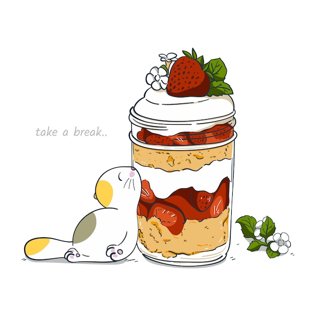 Hand draw cat with strawberry shortcake