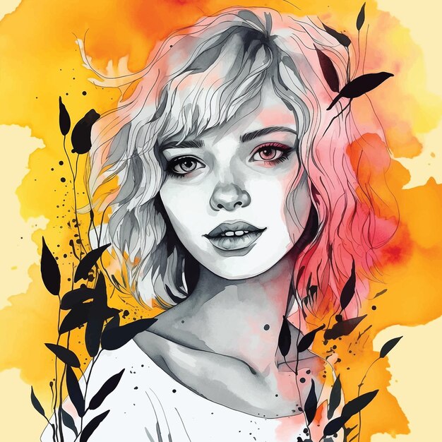 Vector hand draw cute girl in yellow background