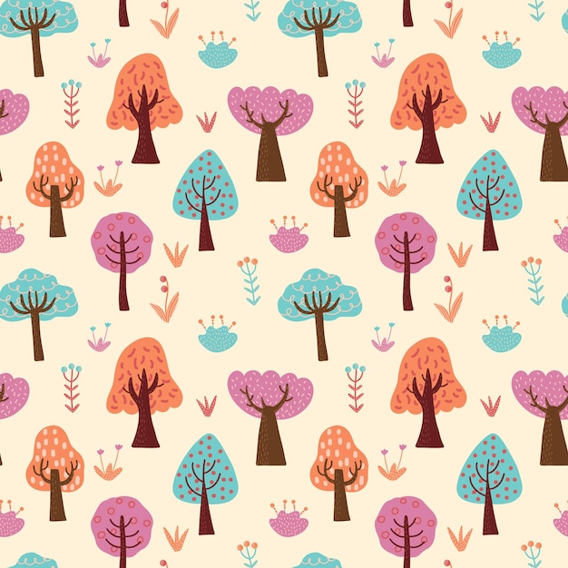 Hand draw different colored cartoon style various trees bushes and plants vector seamless pattern