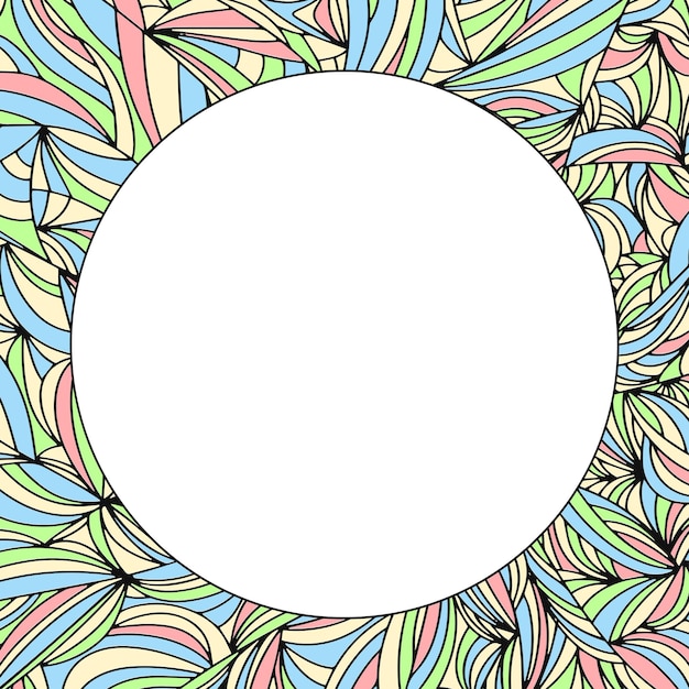 Hand draw doodle background with circle frame in color. Vector illustration.