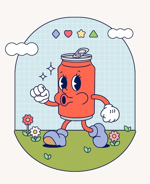 Hand draw Funny Retro vintage trendy soda can cartoon character Contemporary illustration Doodle Comic collection