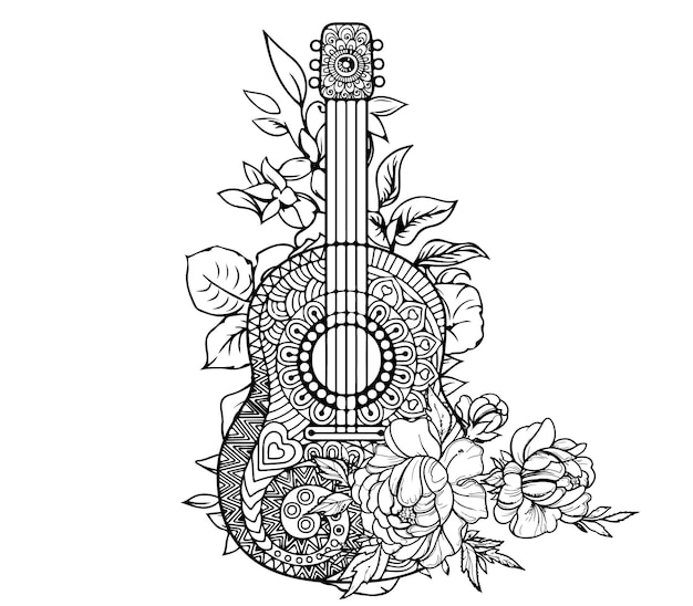 Vector hand draw guitar with beautiful flower background coloring page for adult