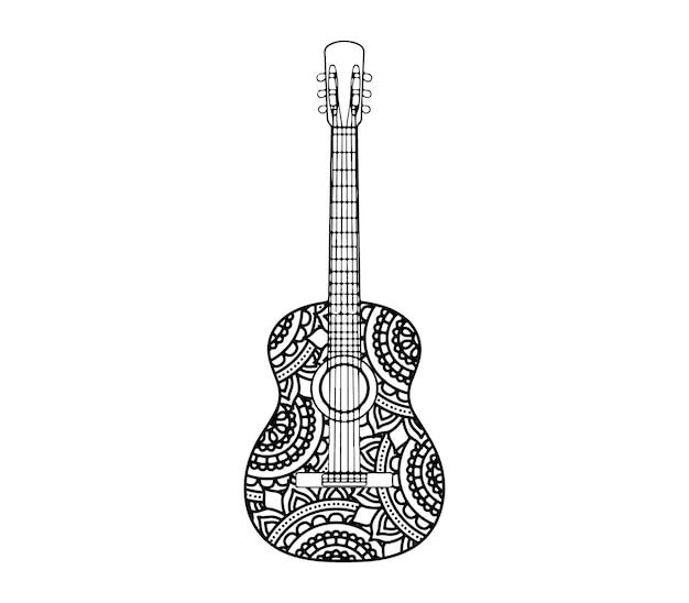 Vector hand draw guitar with beautiful flower background coloring page for adult