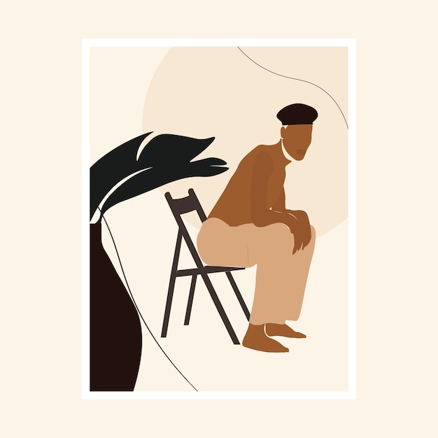 Hand draw handsome african american young man sitting on chair  illustration