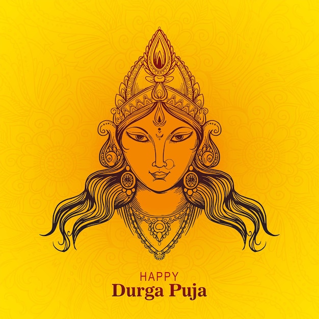 Vector hand draw happy durga puja face sketch festival indian holiday card design