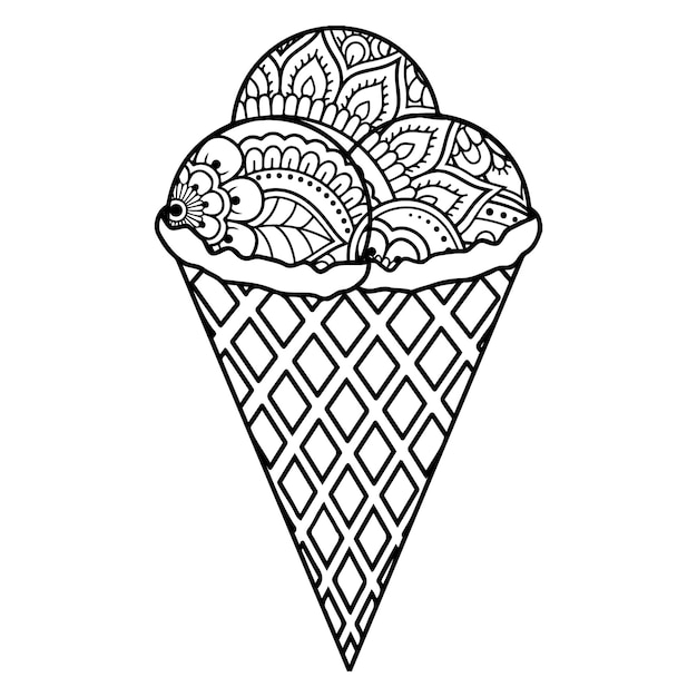 Hand draw icecream with unique mandala Vector sketch hand drawn icecream coloring page