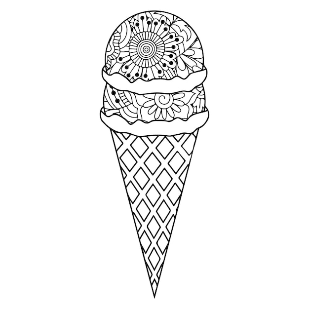 Hand draw icecream with unique mandala Vector sketch hand drawn icecream coloring page