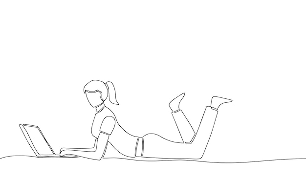 Hand draw line art outline woman lying down and working with laptop. Vector illustration.