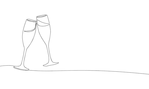 Hand draw line art two glass of champagne, one continues line vector illustration.