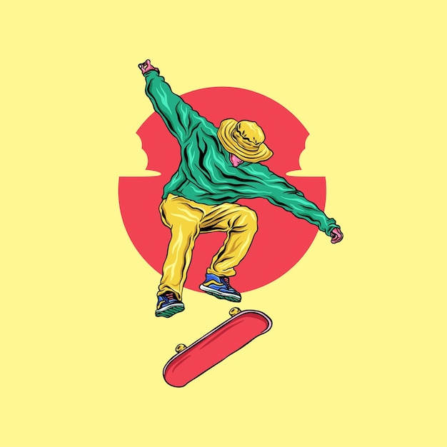 Hand draw man playing skateboard wearing a hat vector illustration