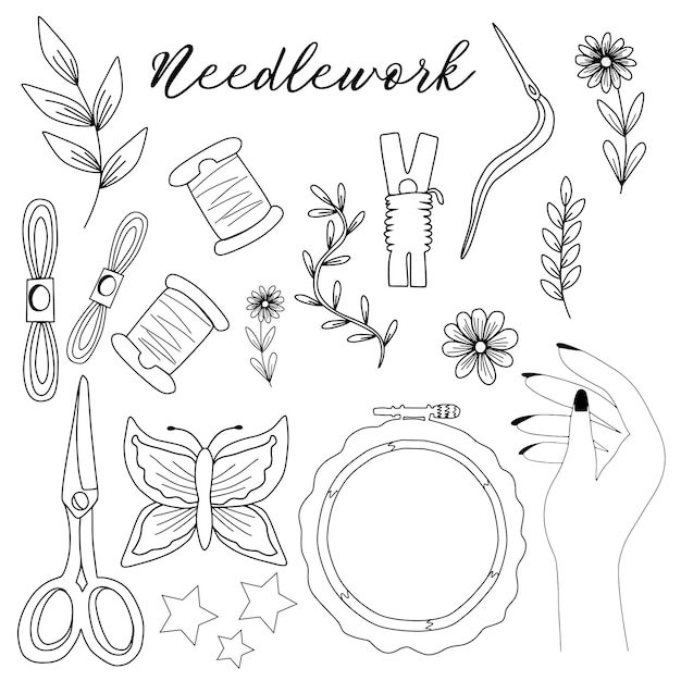 Hand draw Needlework tools set. Embroidery hoop, scissor, needle and thread, acsessoris. Vector