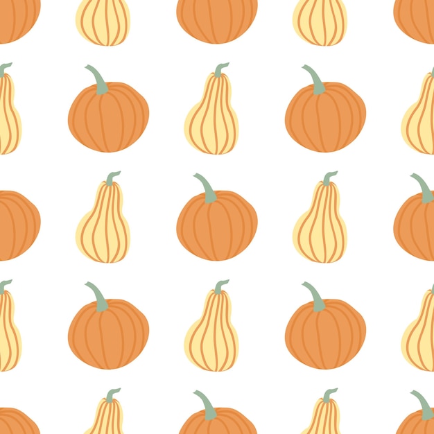 Hand draw Pumpkin Seamless Pattern in simple Doodle Style Vector Background Pumpkins in Pastel color of different shapes isolated on white Background. Template for Halloween, Thanksgiving, Harvest