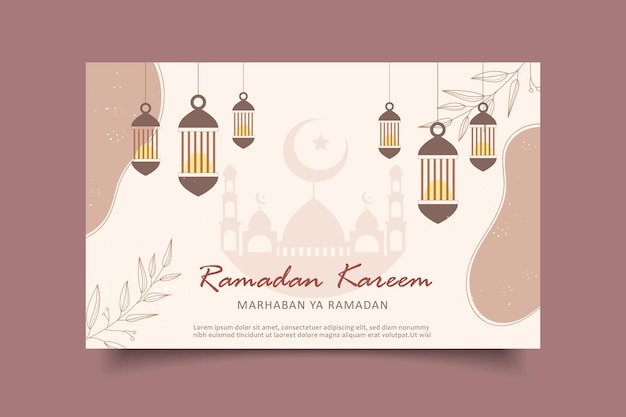 Hand draw ramadan kareem greeting card template flat design illustration