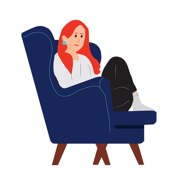 A hand draw of a red hair woman sitting in a blue armchair on a white background