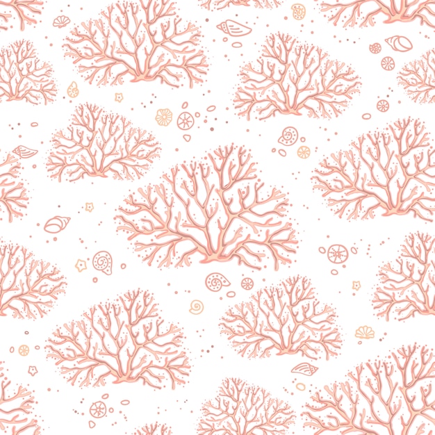 Hand draw seamless pattern of living coral isolated on white background. Colorful background for the design and decoration of fabrics, wallpapers, home textiles, packaging, and surfaces.