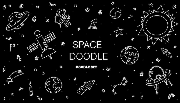 Hand draw space illustration with a rocket astronaut planets cute children s vector drawing doodle i...