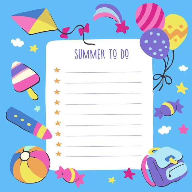 Hand draw summer to do list for kids cartoon style Vector blank for a children's wish list or plans for the summer in blue with children's toys on the background