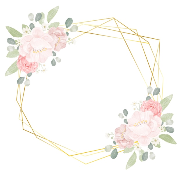 Hand draw watercolor pink roses and peony with golden geometric frame