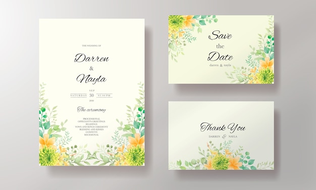 Hand draw watercolor wedding invitation card template with flowers and leaves decoration