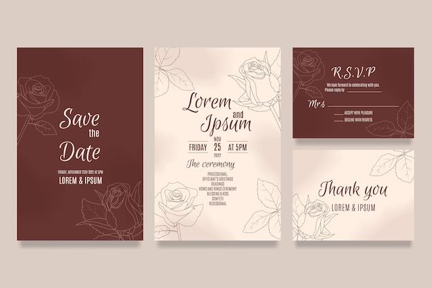 Hand draw wedding invitation template with roses and leaves