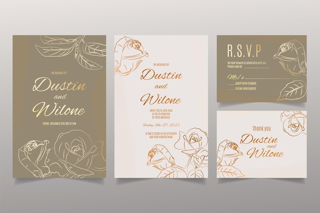 Hand draw wedding invitation template with roses and leaves