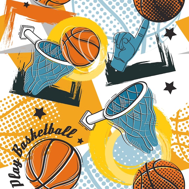 Hand drawing basketball graffiti pattern Abstract fashion orange ball and basket for sport tshirt or wallpaper design Decor textile wrapping paper Vector seamless current illustration