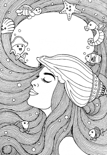 Hand drawing of a beautiful girl with long hair and sea animals