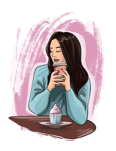 Hand-drawing beautiful young woman portrait. Fashion girl with coffee. Girl in a warm sweater. Sketch.  