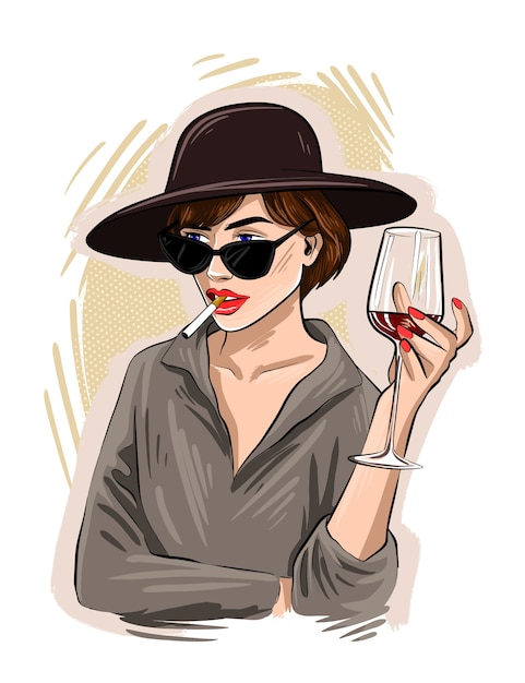 Hand-drawing beautiful young woman portrait. Fashion girl with a glass of wine. Stylish woman in sunglasses. Sketch.  