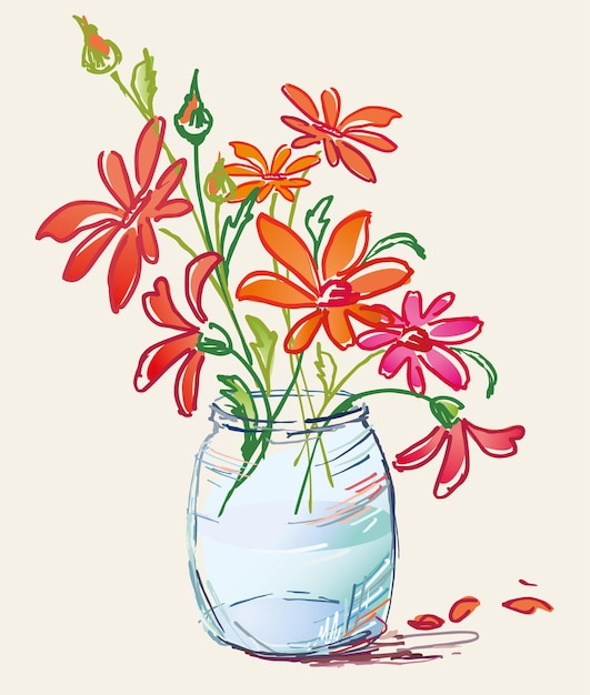 Hand drawing of bouquet daisies flowers in glass pot