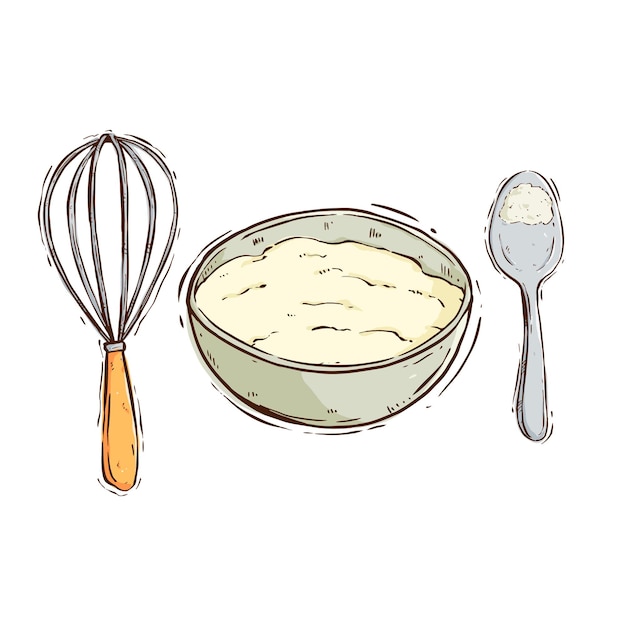 hand drawing cake dough or batter with spoon and whisk vector illustration