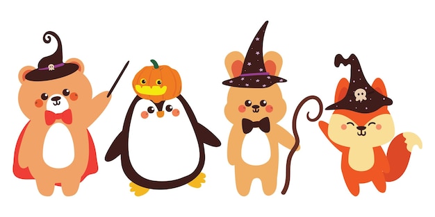 Vector hand drawing cartoon animals wearing halloween costume cute animal sticker for halloween vibes