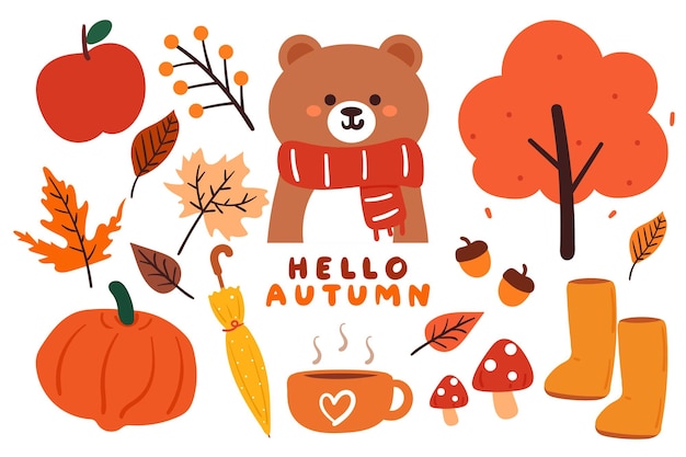 hand drawing cartoon autumn stuff sticker set