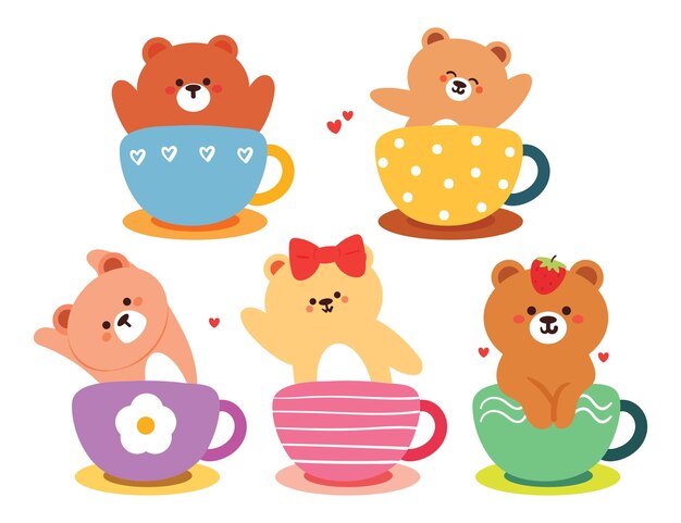 Vector hand drawing cartoon bear inside a cup cute animal sticker illustration decor element