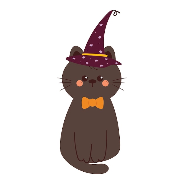 Vector hand drawing cartoon cat with witch hat cute animal drawing doodle for halloween