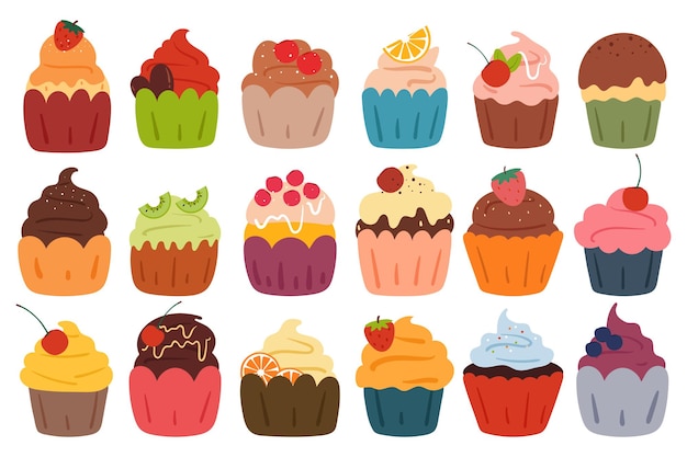 hand drawing cartoon cupcake sticker set