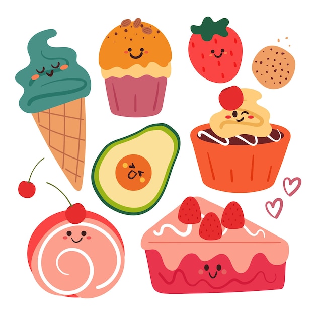 hand drawing cartoon cute dessert character sticker set