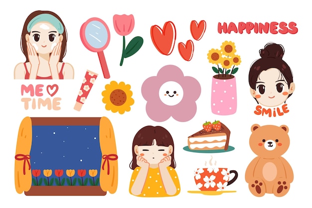 hand drawing cartoon kawaii element and girl sticker set