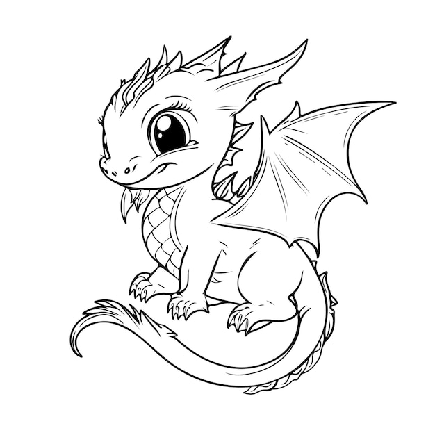 Hand drawing character animal cute dragon outline black and white cartoon sketch coloring books