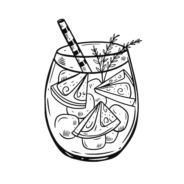 Hand drawing cocktail with lemon slice and rosemary.